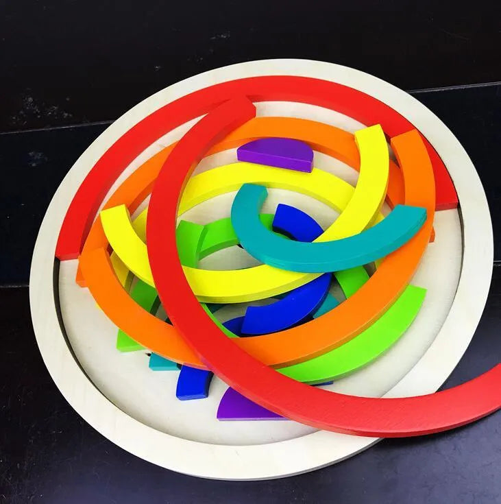 12-piece wooden rainbow arch bridge building blocks in New Zealand pine, flat size 84x35.5x18.5 cm, hand-dyed colours
