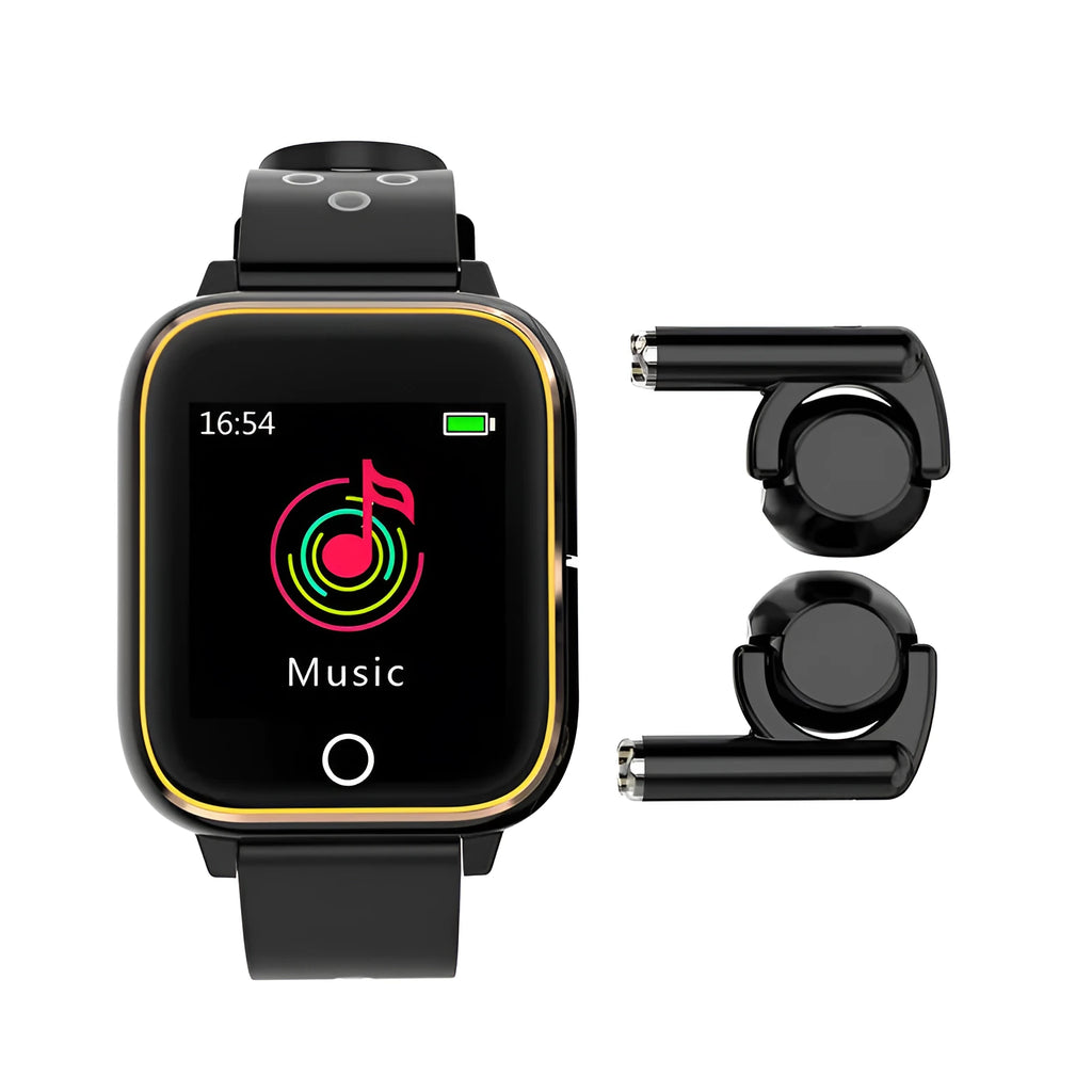 Black smartwatch bracelet with integrated Bluetooth earbuds stored in the side, showing 1.4-inch display