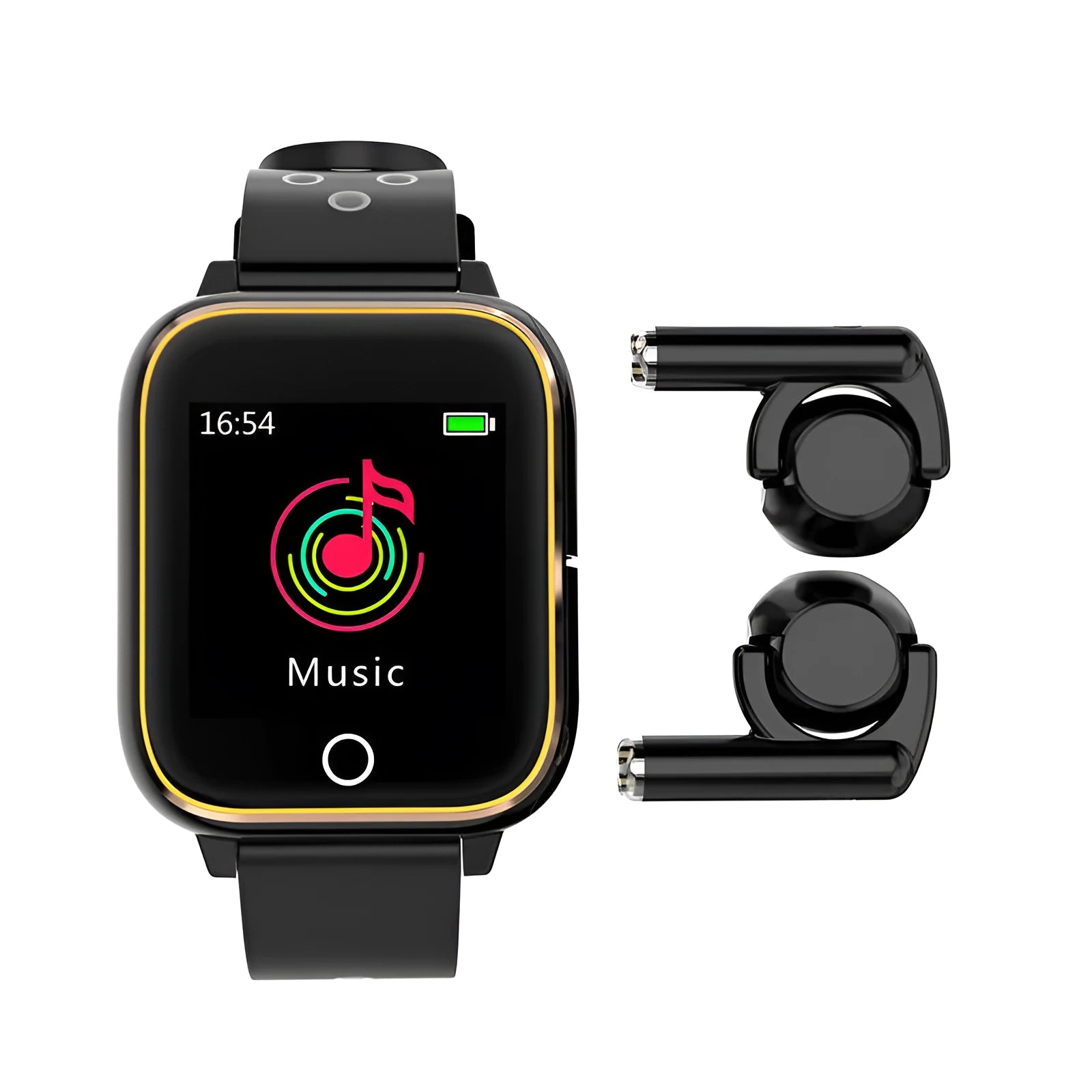 Black smartwatch bracelet with integrated Bluetooth earbuds stored in the side, showing 1.4-inch display