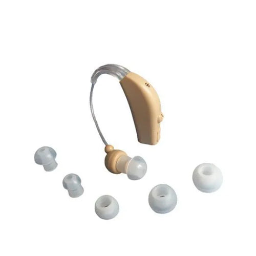 Rechargeable behind-the-ear digital hearing amplifier with mini sound tube and choice of EU or US plug.