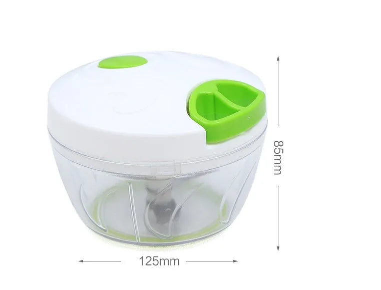 Manual kitchen chopper shredder with three stainless steel blades in green, red or white colours
