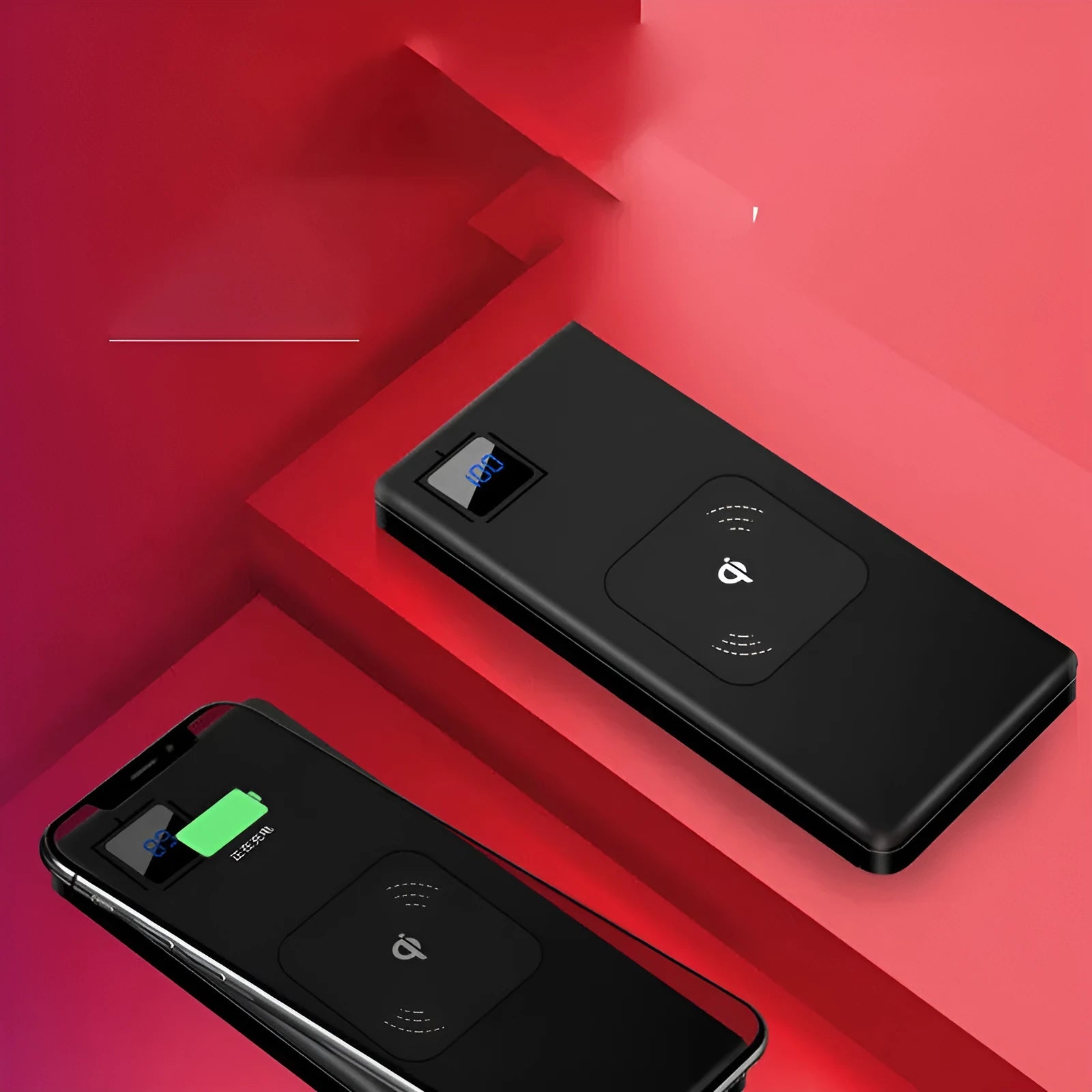 Silver alloy portable power bank with LCD display showing battery percentage.