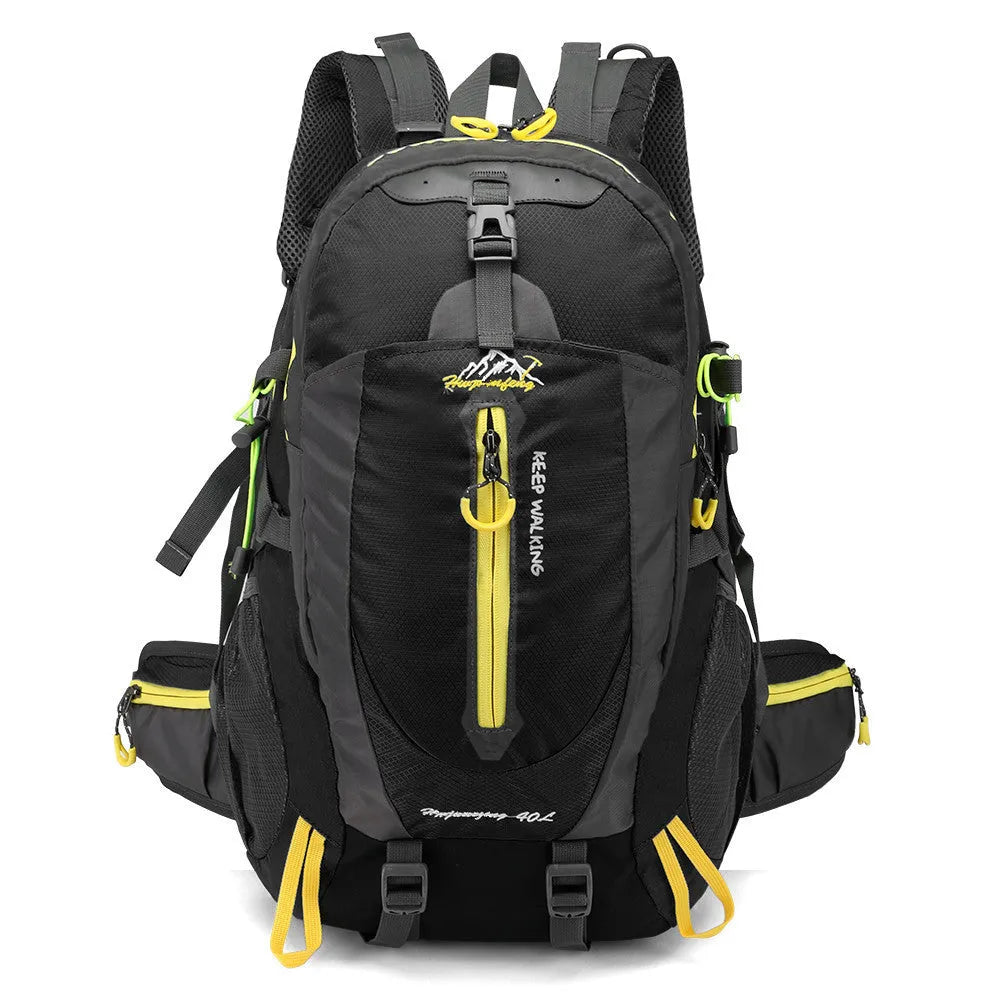 36-55L nylon hiking camping backpack in green for outdoor mountaineering and sports gear storage