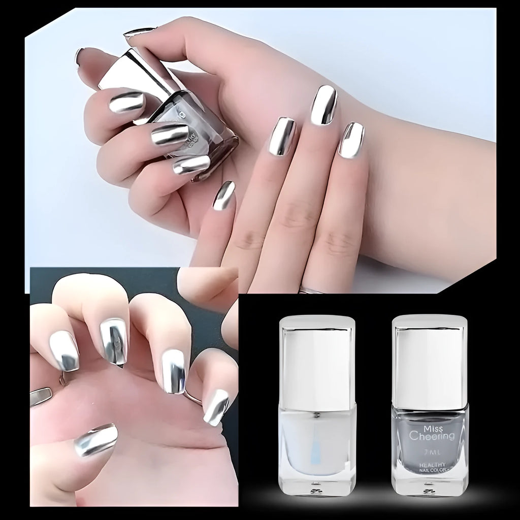 Bottle of mirror silver nail polish with brush and stainless-steel ball for mixing