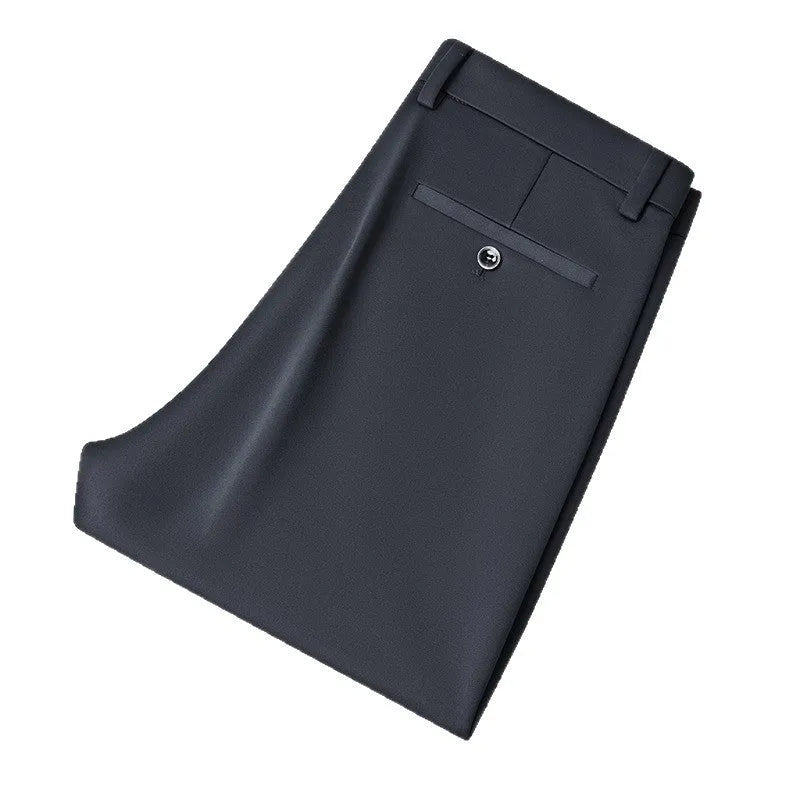 Men's plus-sized straight-leg trousers in navy blue with an elasticated waistband, shown with a zip fly and business casual styling.