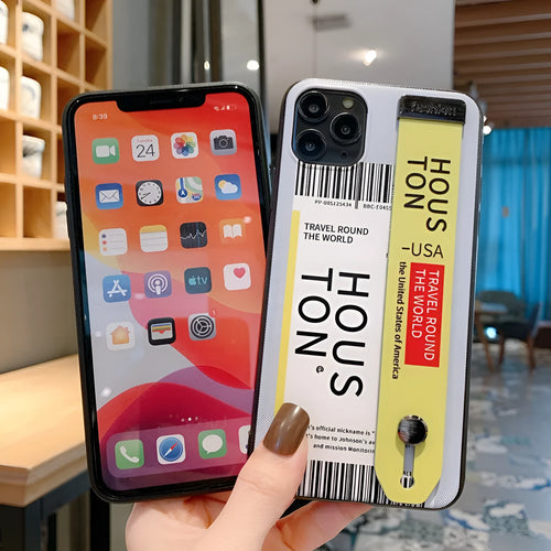 Apple iPhone mobile phone case with wristband attachment in red, violet and yellow colour options