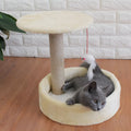 Small cat tree with plush cave and sisal scratching posts in beige, with top platform for jumping