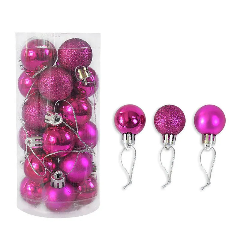 Assortment of 3cm shiny matte Christmas ball decorations in gold, red, silver, blue, and pink colours.