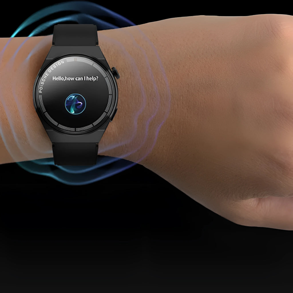 Circular black smartwatch with silicone strap on a wrist, showing a home screen with NFC, call, and health icons.