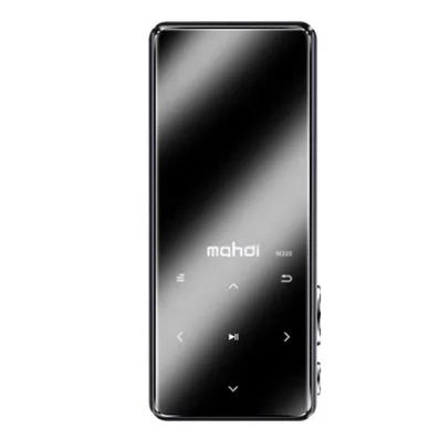 Silver portable MP3 player with a 2.4-inch touch screen showing music playback interface.