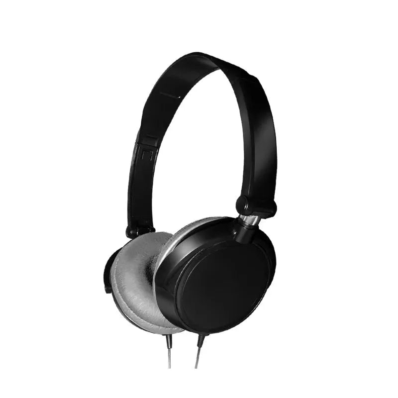 Black folding wired over-ear headphones with adjustable headband and 3.5mm plug.
