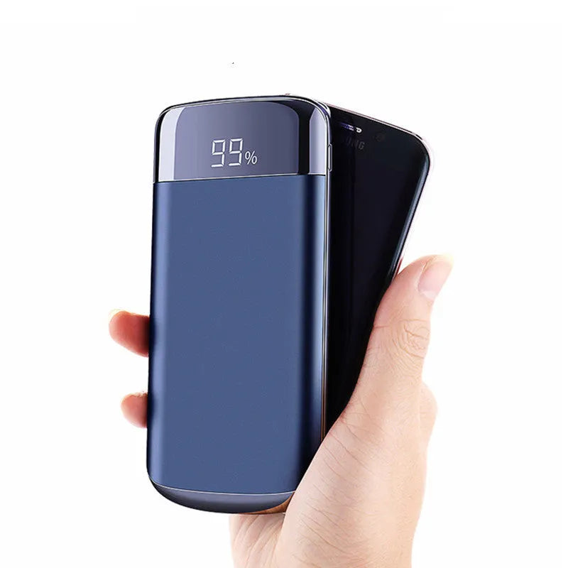 Square alloy-cased power bank with digital display and multiple USB ports in five colour options.
