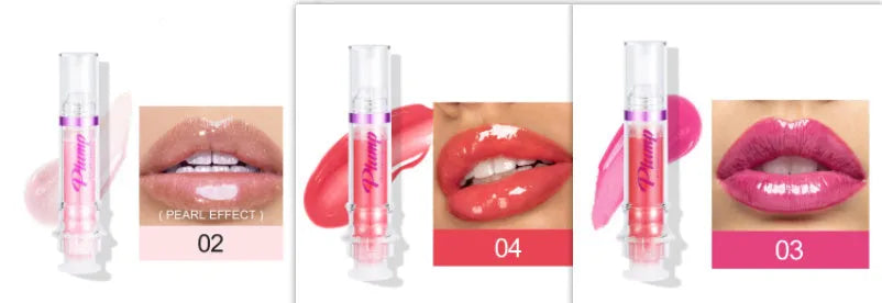 Tube of lip gloss showing shiny finish, available in six different colour shades.
