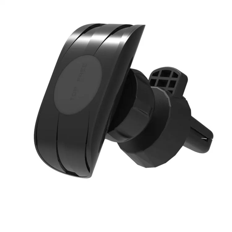 Black car phone holder mounted on vehicle air vent with phone in cradle
