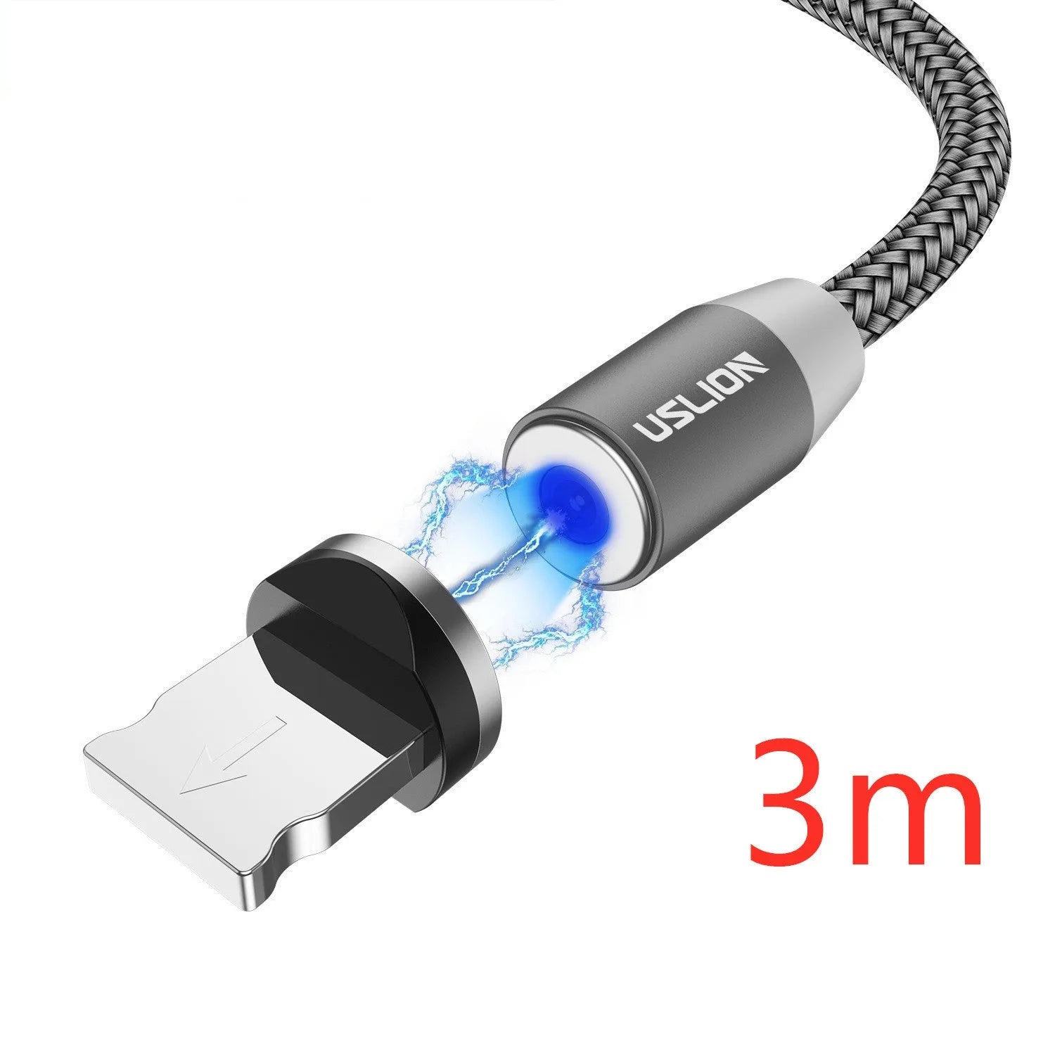 USLION circular magnetic charging cable in black, showing magnetic connector and plug for Android, iOS, or Type-C device.