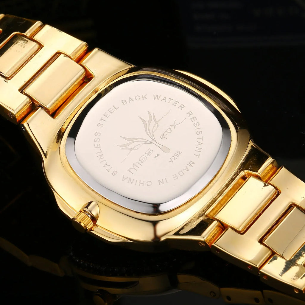 Women's fashion diamond watch with 37mm dial and alloy strap in golden finish