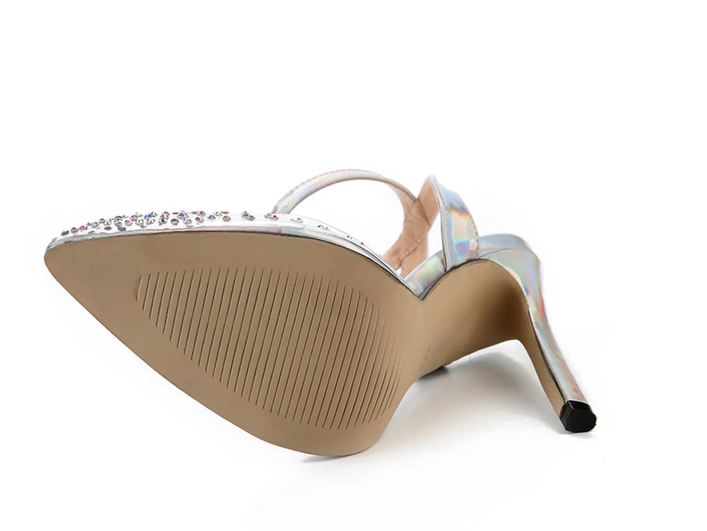 Women's pointed toe sandals with stiletto heel and diamond detail on the footbed.