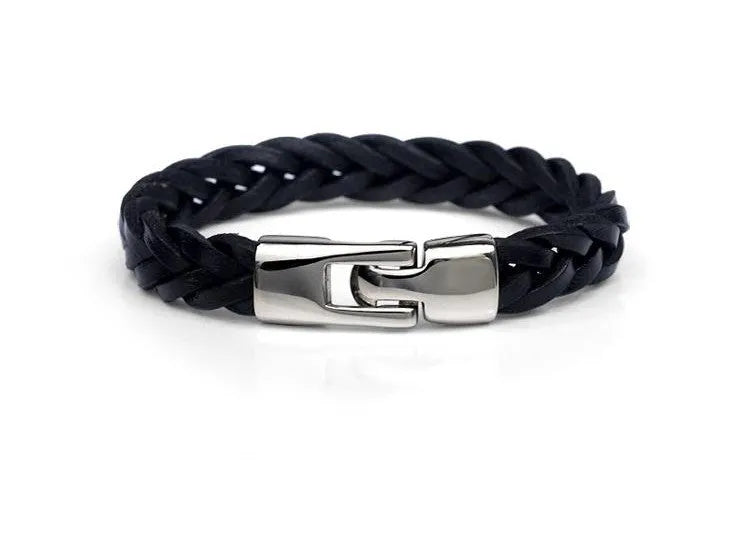 Hand-woven leather and alloy bracelet in vintage style, 21cm length, black colour