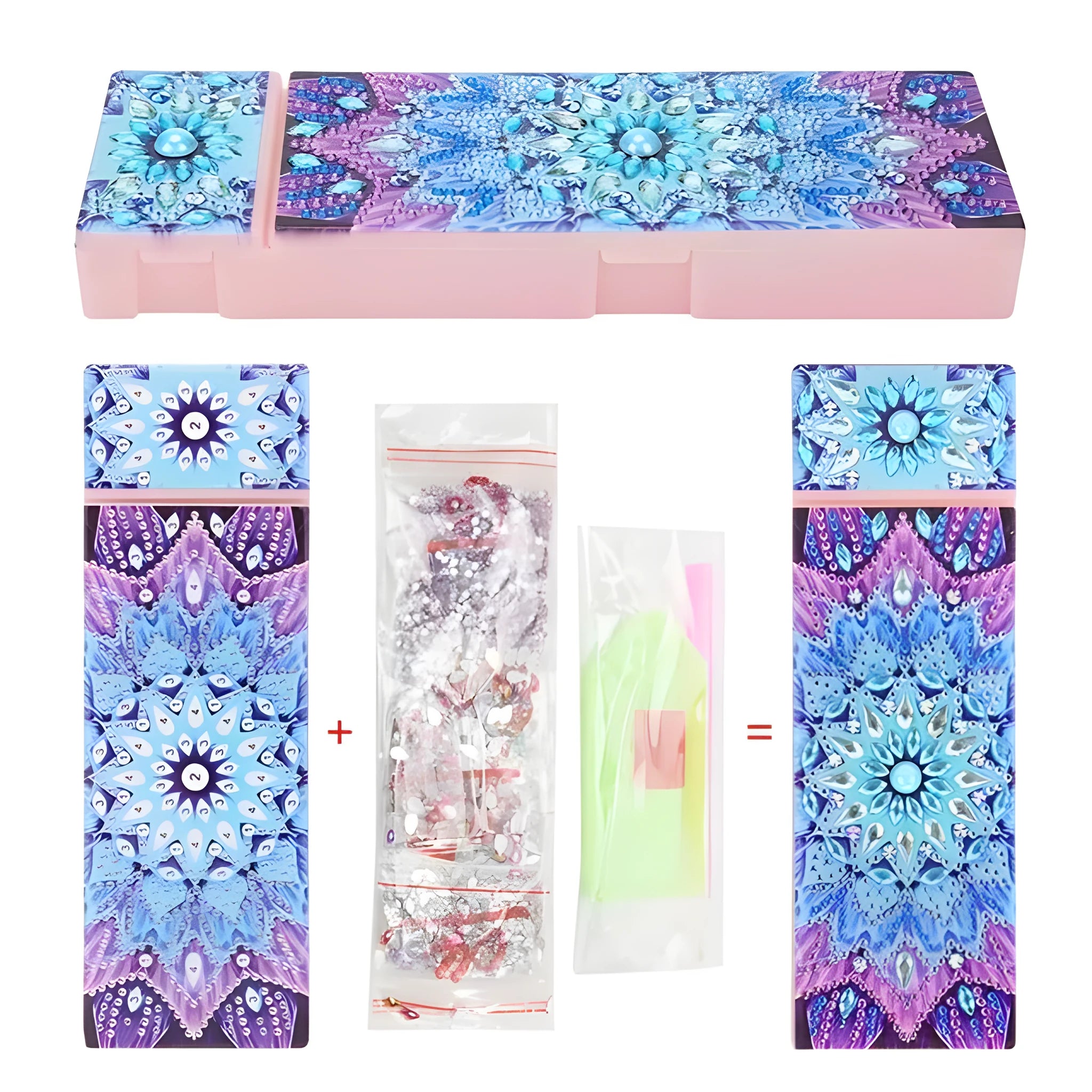 DIY diamond painting kit for making a personalised PU leather pencil case or wrist bag with resin sequins.