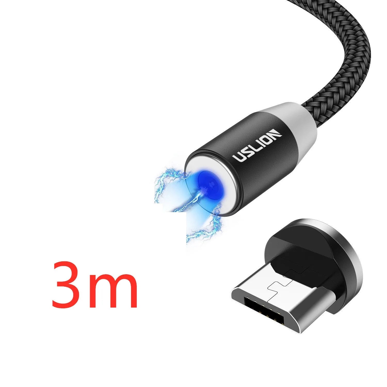 USLION circular magnetic charging cable in black, showing magnetic connector and plug for Android, iOS, or Type-C device.