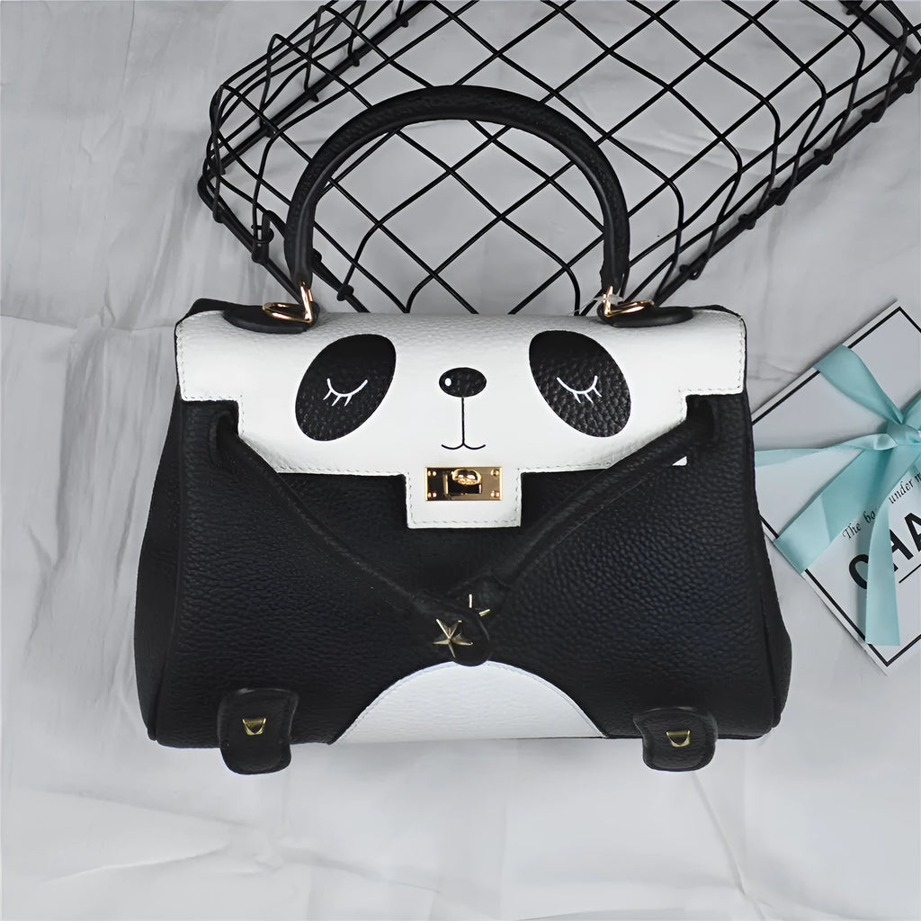 Panda print cow leather handbag in horizontal square shape showing animal pattern design