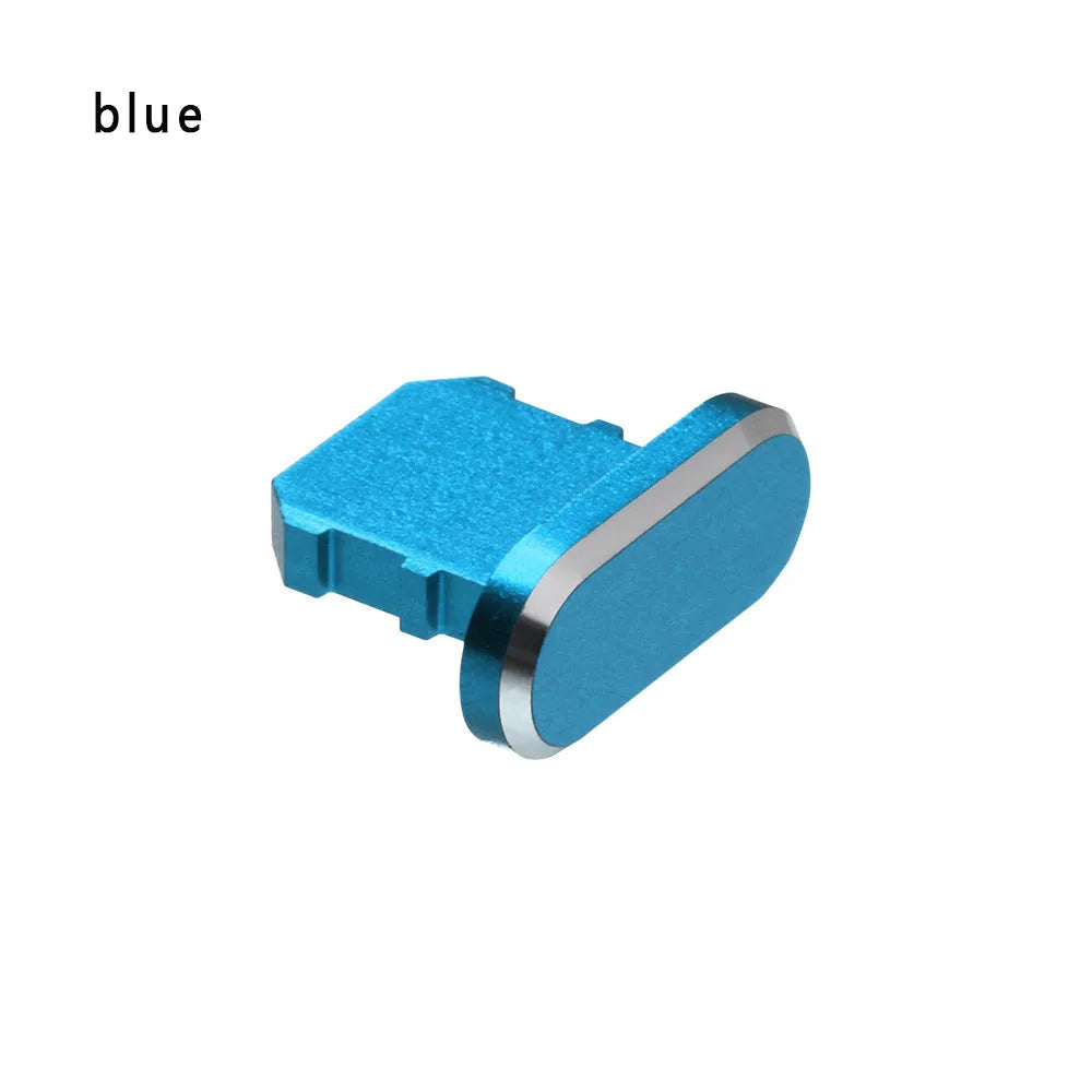 Aluminium alloy charging port dust plug for iPhone in various colours including gold, black, and rose gold.