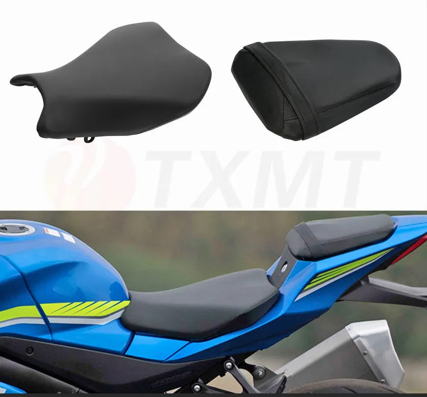 Suzuki GSXR1000 black PU leather seat cover protecting front and rear motorcycle seats.