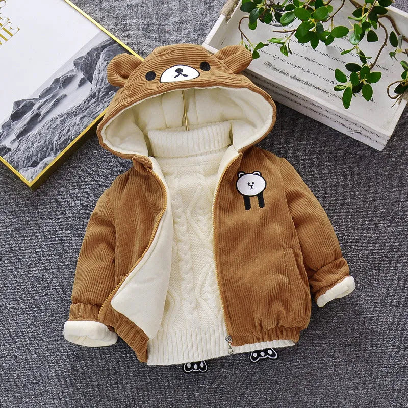 Striped corduroy baby girl coat with hood on hanger, khaki colour, side view showing ribbed texture and button closure