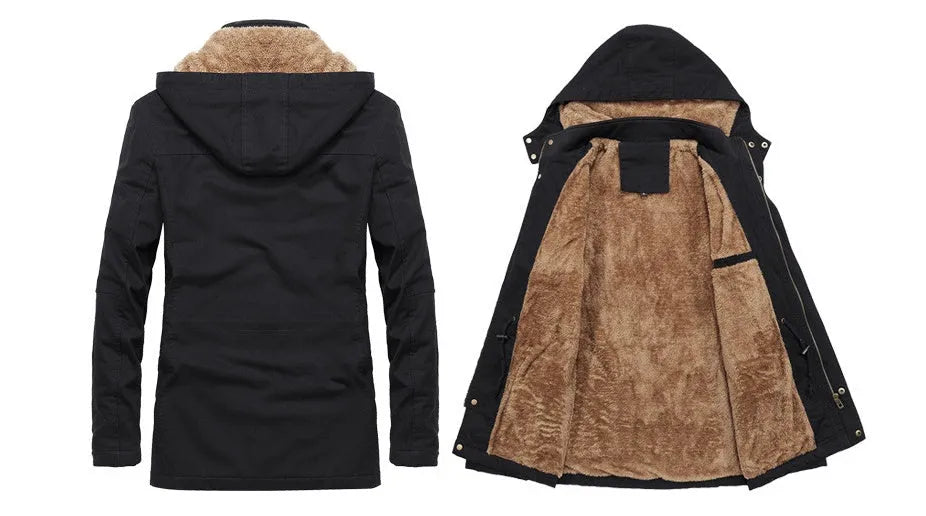 Men's thickened winter jacket in khaki with stand-up collar and zip front, loose fit casual style