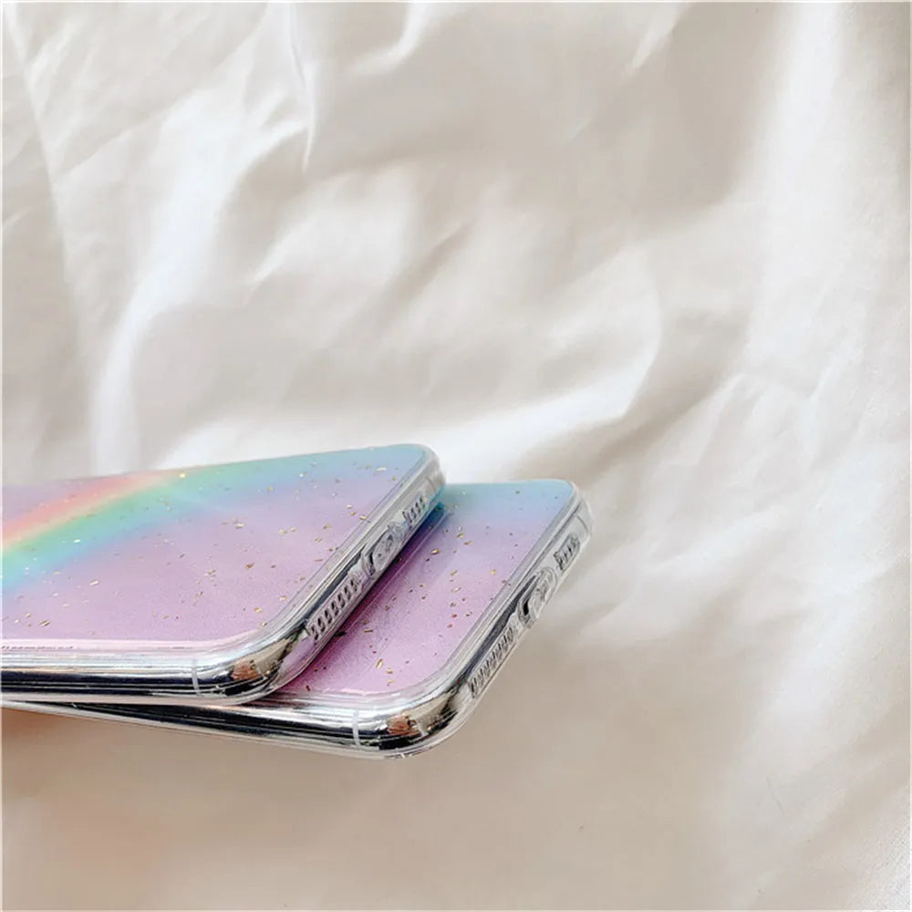 Rainbow gradient TPU phone case with striped design on an iPhone.