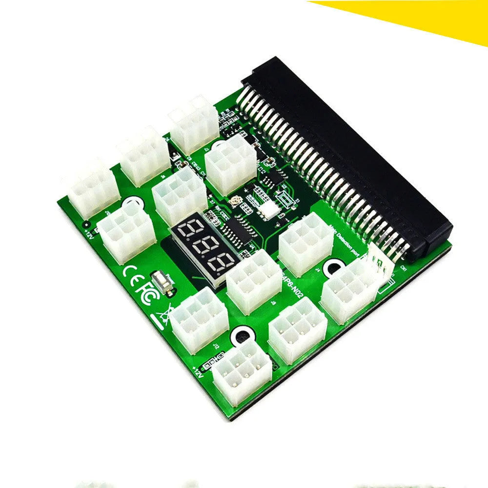 Black server power adapter board with 6-pin connector and multiple wire outputs.