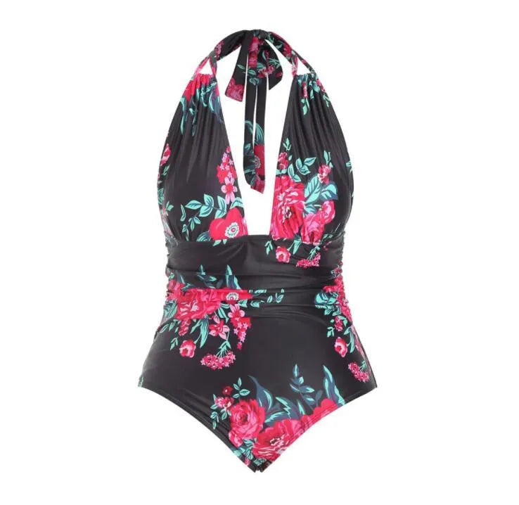 Printed black one-piece swimsuit made from polyester fibre, full coverage design, available in sizes XL to 5XL