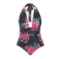 Printed black one-piece swimsuit made from polyester fibre, full coverage design, available in sizes XL to 5XL