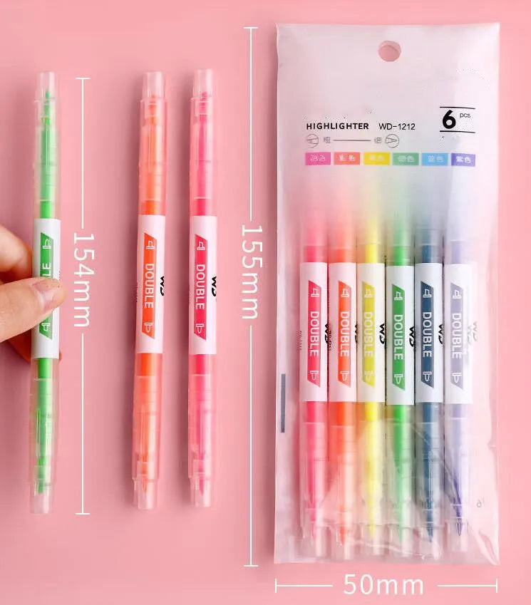 Six double-headed highlighter pens showing round and oblique nibs in orange, purple, yellow, green, blue, and pink colours