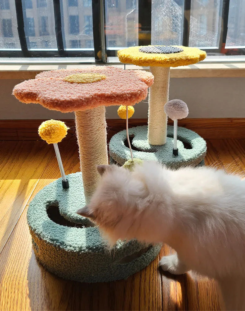 Cat scratch board with sisal rope scratching surface and bridge climbing frame in pink colour