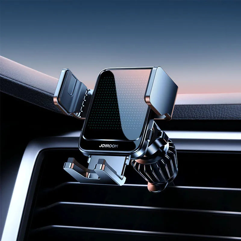 Black car wireless charging phone holder mounted on air vent with automatic opening mechanism