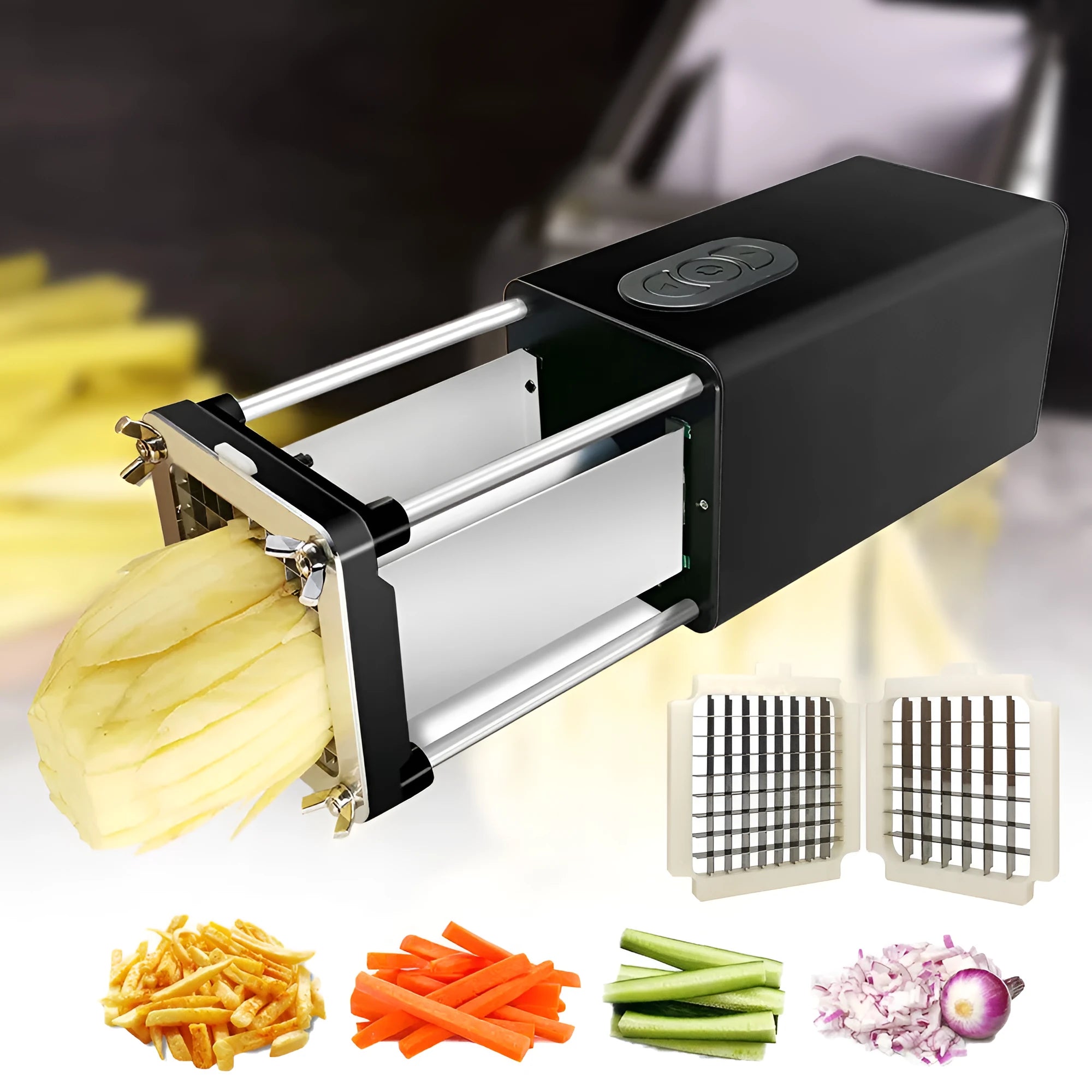Black electric french fry cutter machine with stainless steel blades on a kitchen countertop.