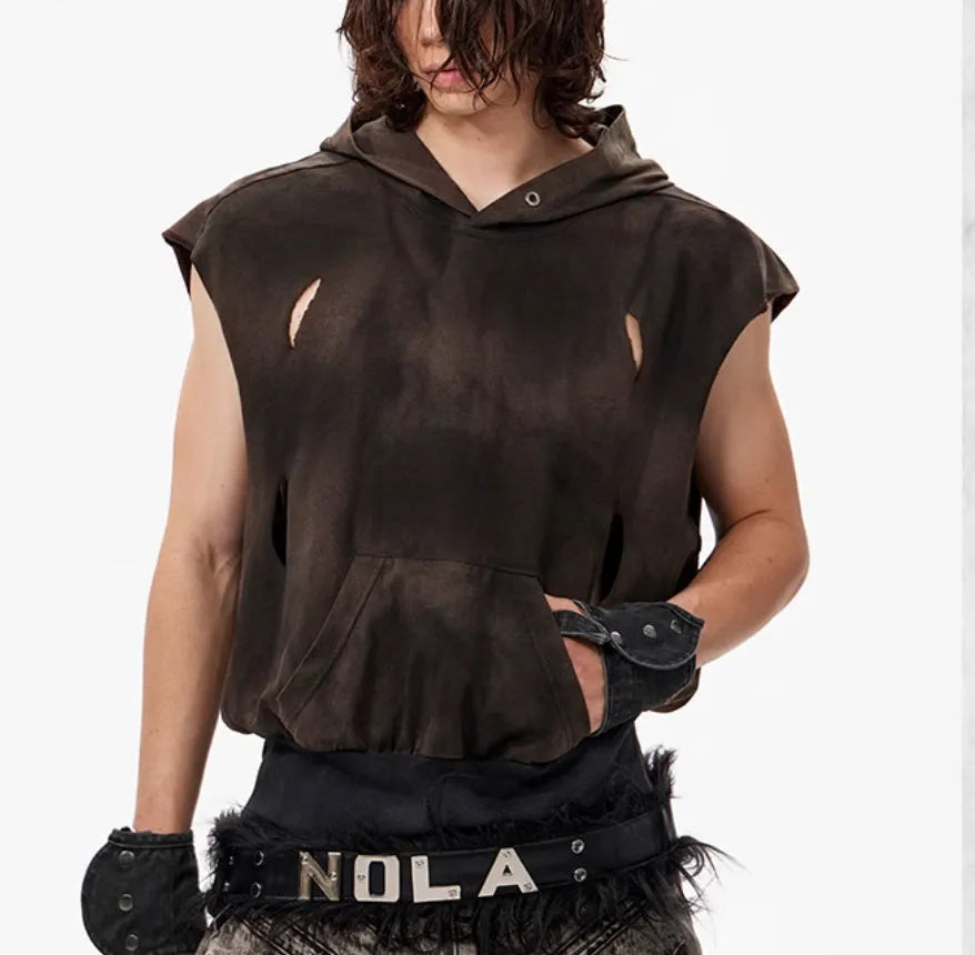 Khaki coloured sleeveless cotton hooded vest on a hanger