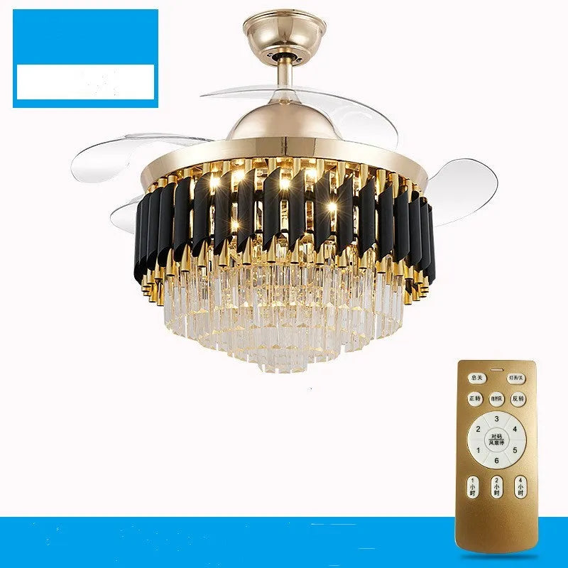 Crystal chandelier style ceiling fan with LED lights and wooden fan blades mounted on a white ceiling.