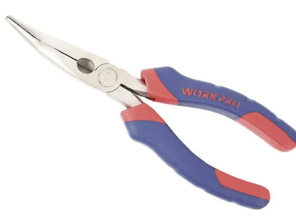 Blue handled curved nose pliers with double-colour plastic sleeves for electronics and craft work.
