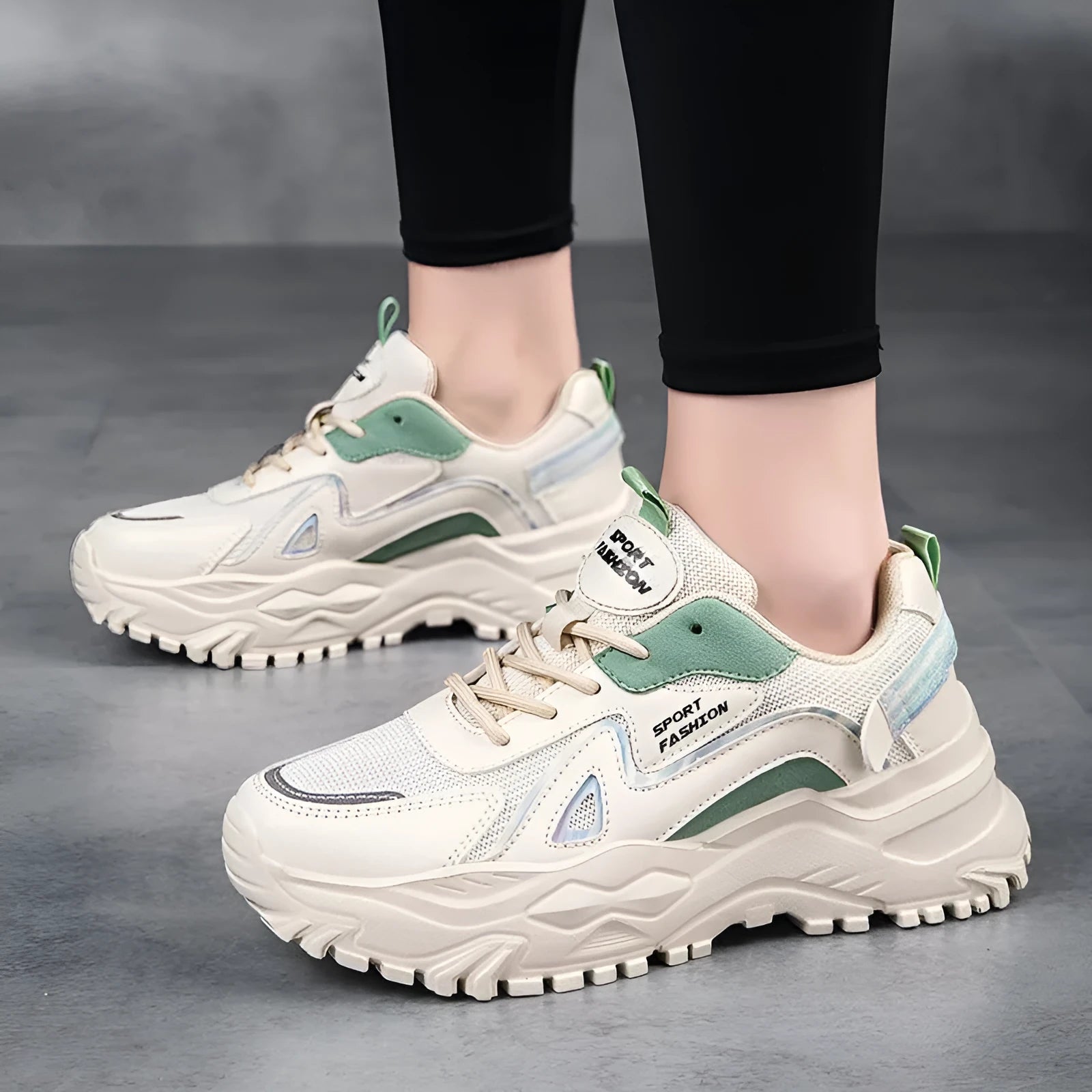 Men's low-top casual sports shoes in mesh with a rubber sole, shown in beige green colour.
