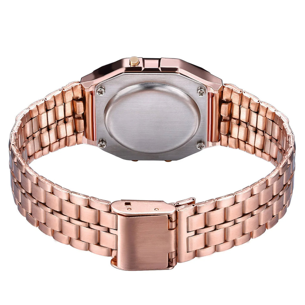 WR F91W electronic watch with stainless steel strap, number display, square dial, black colour