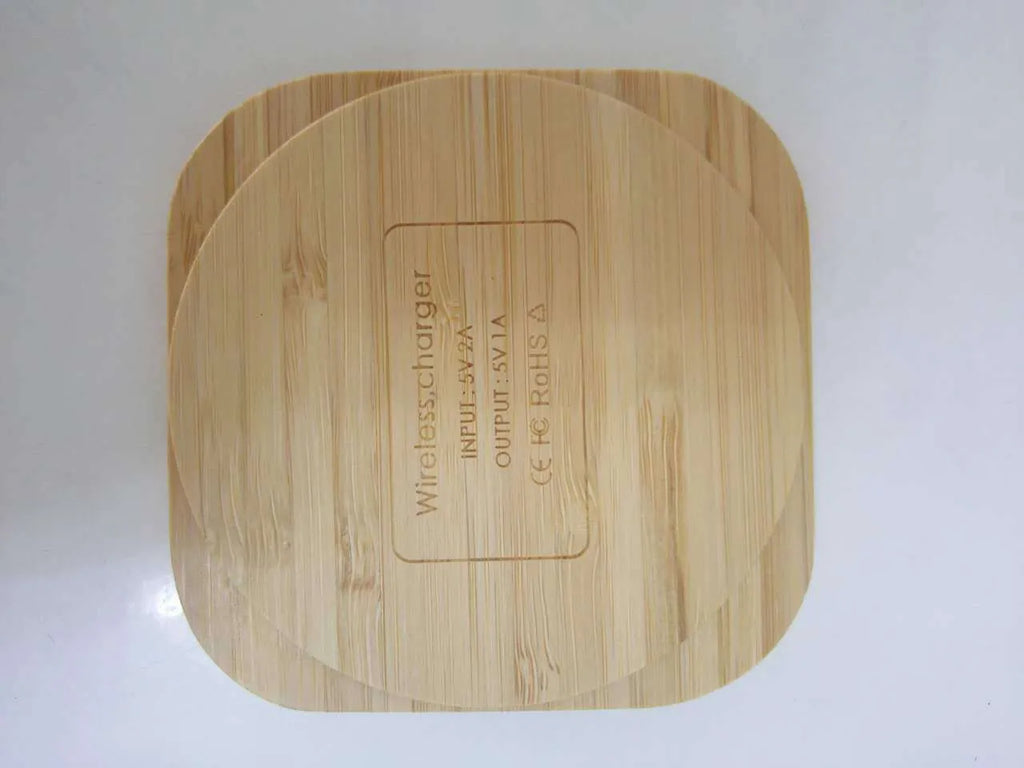 Square bamboo wireless charger showing 92mm dimensions with Qi charging symbol