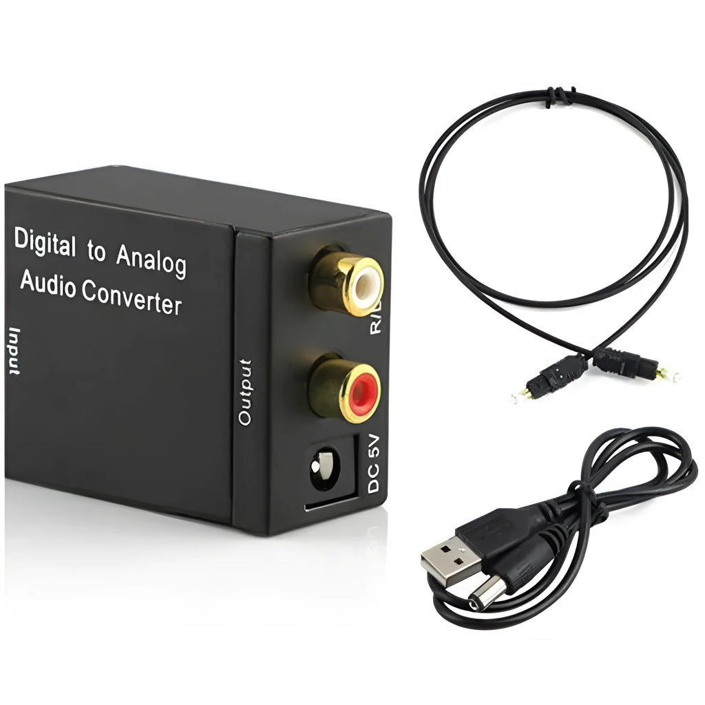 Black digital to analogue audio converter with Toslink and RCA inputs for DVD players