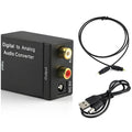 Black digital to analogue audio converter with Toslink and RCA inputs for DVD players