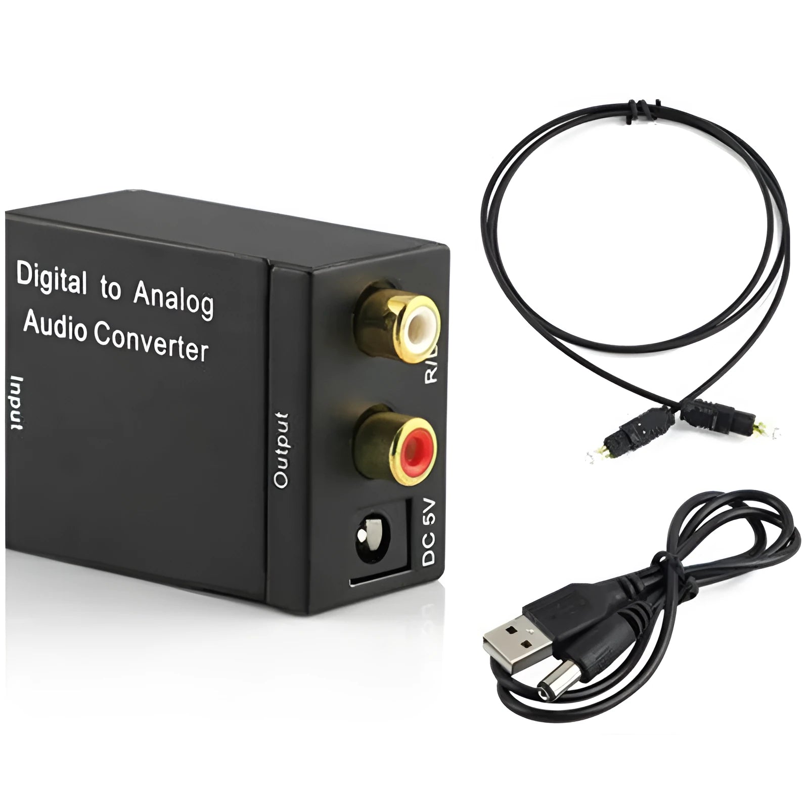 Black digital to analogue audio converter with Toslink and RCA inputs for DVD players
