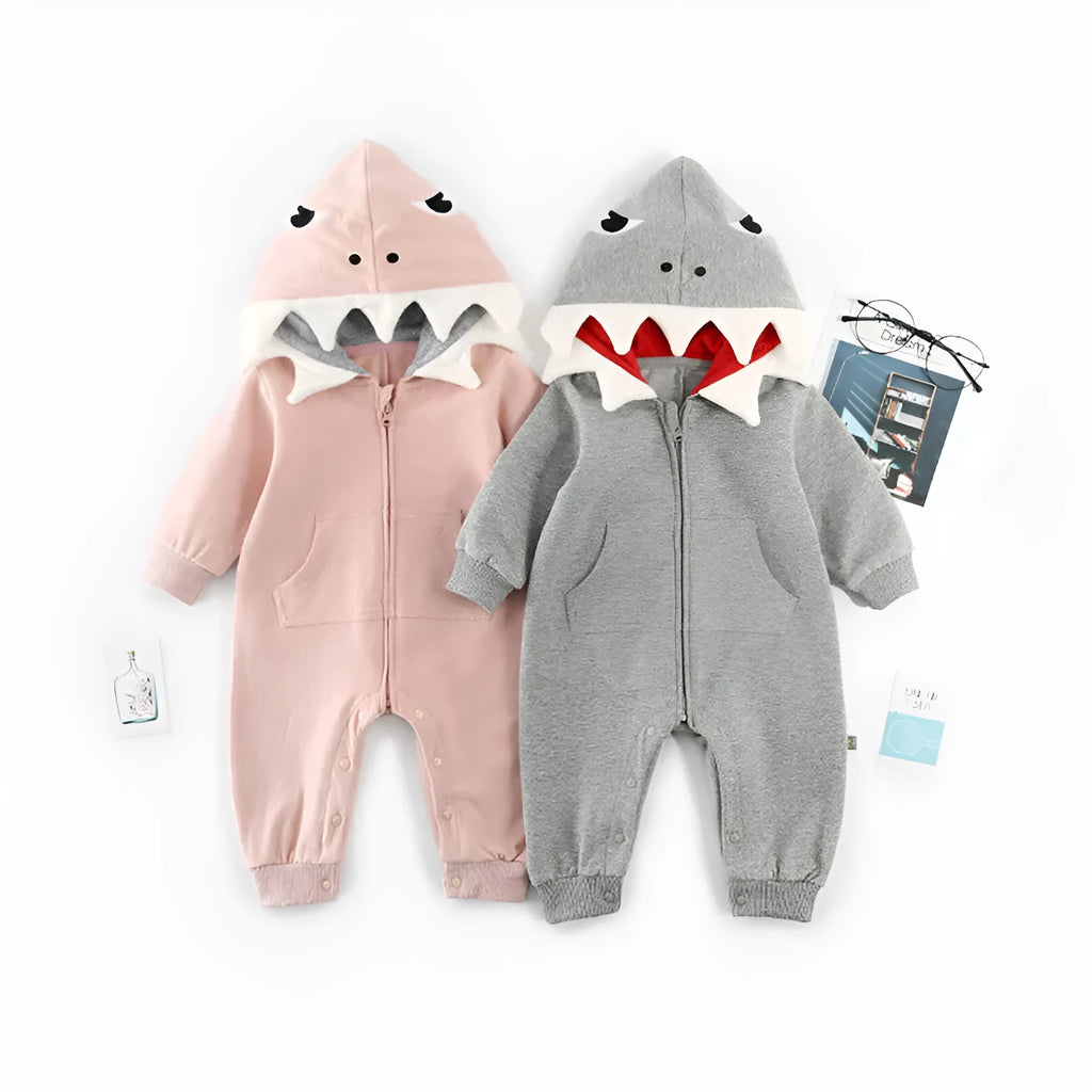 Cartoon shark hooded robe for children, pink, with long sleeves and zipper, suitable for 66cm height