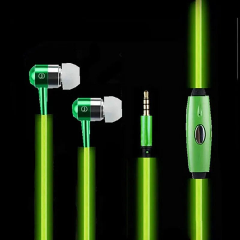Blue Magic Light LED earphones with glowing EL light strips, showing 3.5mm plug and inline remote with microphone.