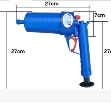 Plastic high-pressure air power drain blaster gun with four different size rubber adaptors for unblocking pipes.