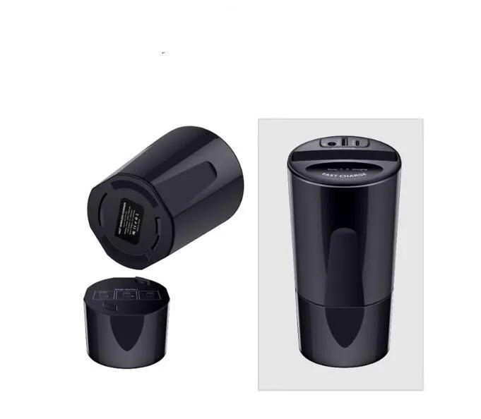 Black car wireless charging cup holder with QI 10W charging, USB and Type-C ports